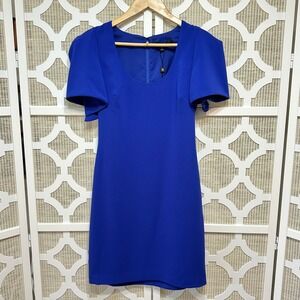 Badgley Mischka Draped Cap Sleeve Sheath Dress Womens 6 Blue Cocktail Party NWT